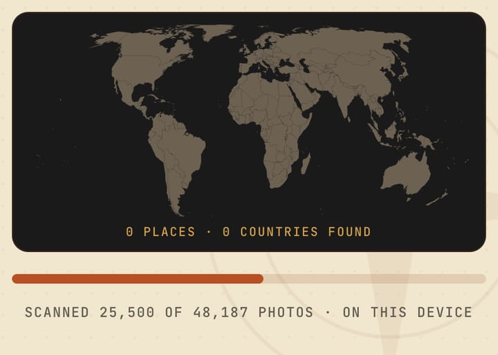 Reading your travels — 25,500 of 48,187 photos scanned on this device