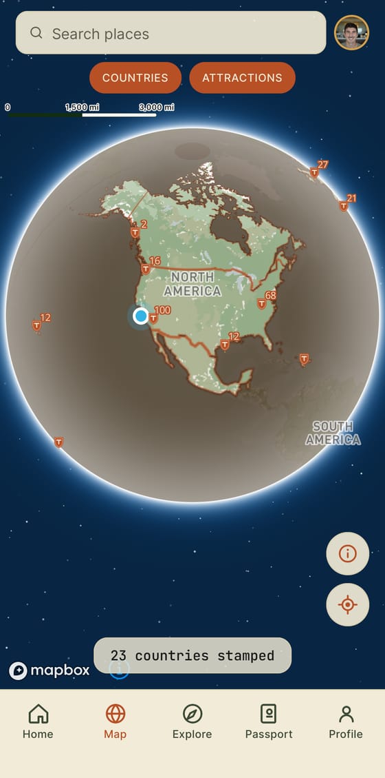 Trevel map — the fogged globe with stamped countries lit up