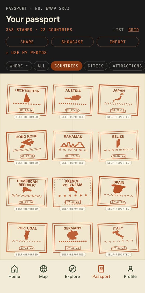 Trevel passport — a grid of country stamps