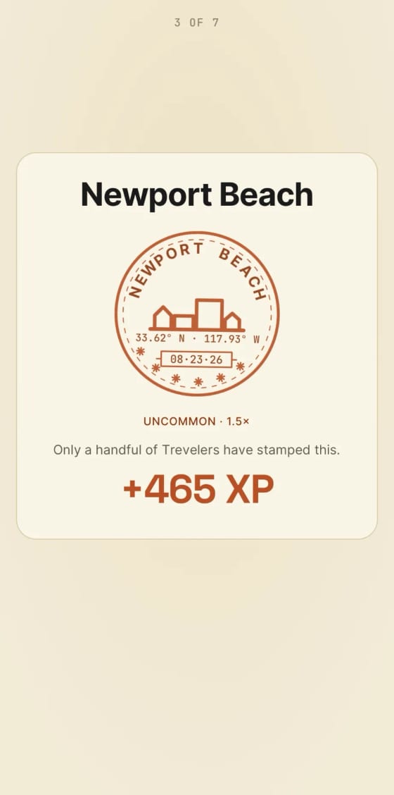 Newport Beach stamp reveal — Uncommon, +465 XP
