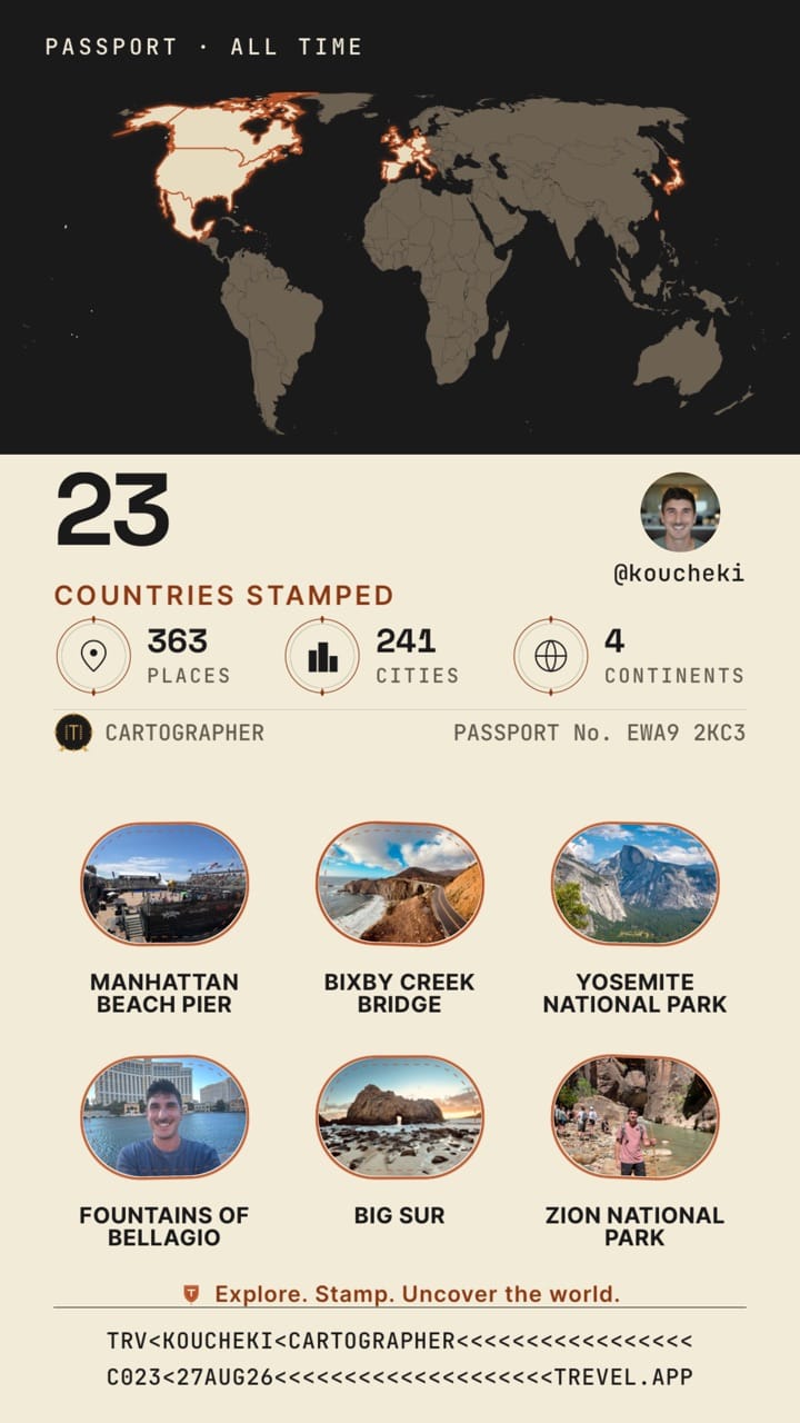 A Trevel share card — the fog map, rank, and six photo stamps from real visits